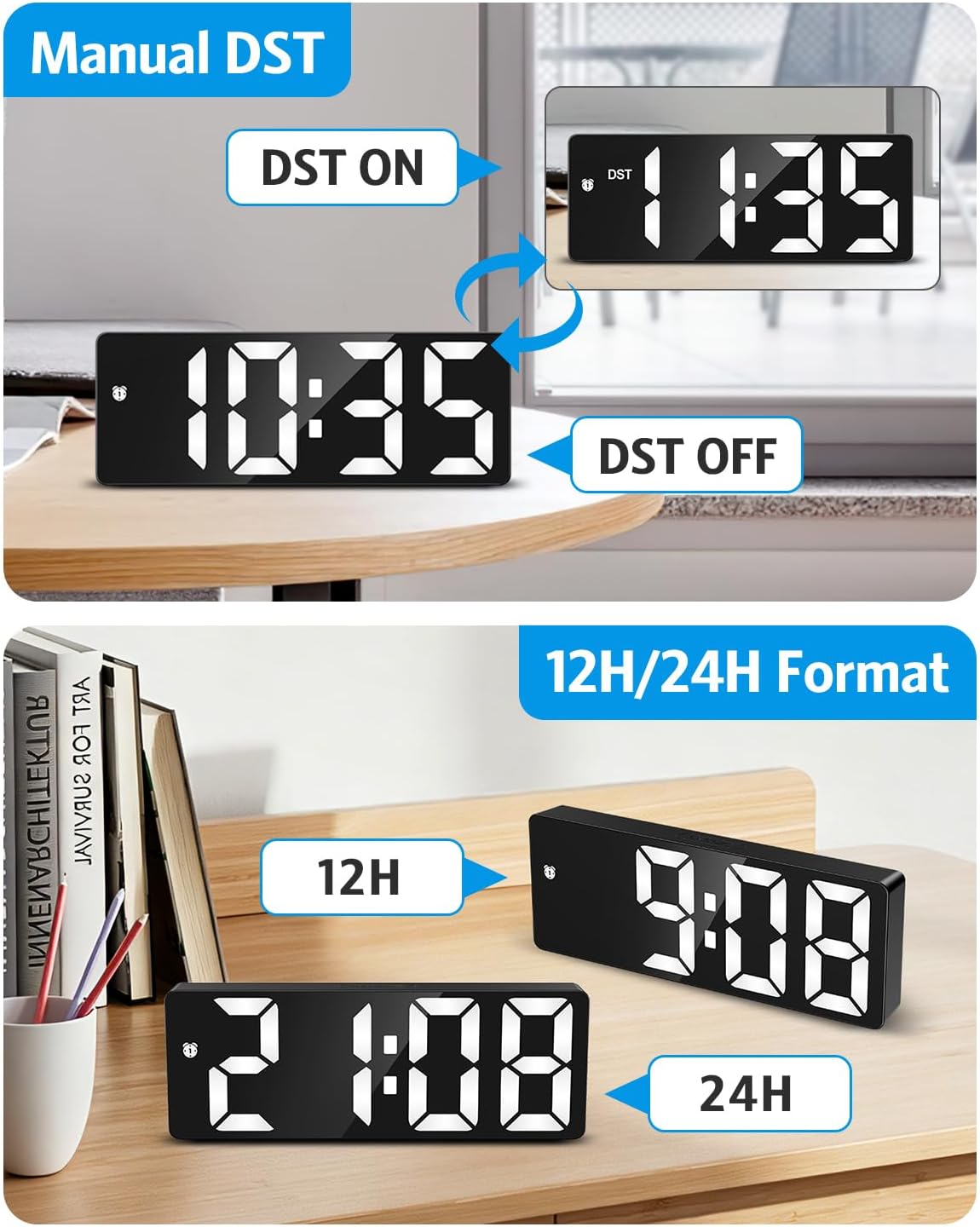 AMIR Digital Alarm Clock, Large Display LED Bedside Clock for Bedroom