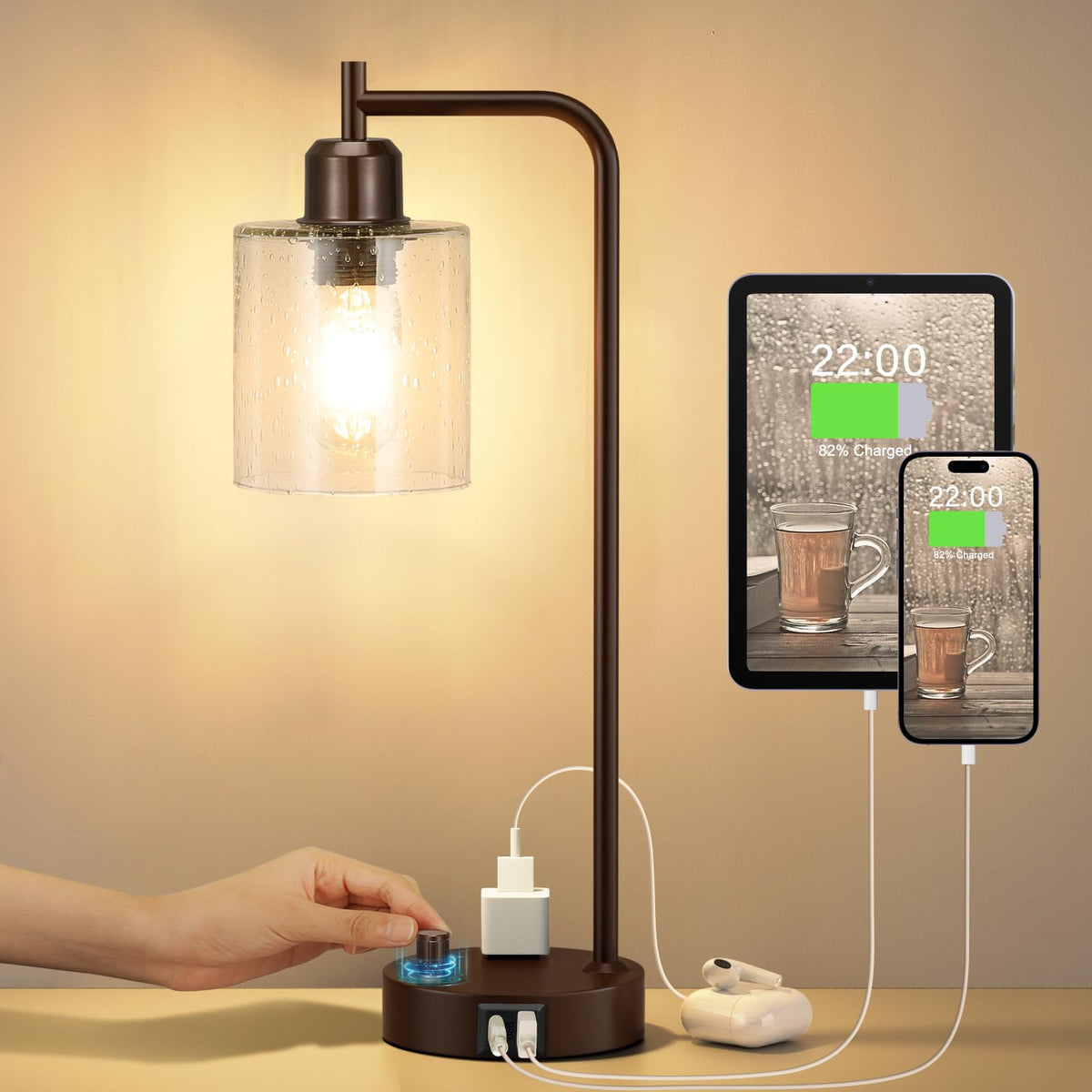 Innqoo Gold Lamp for Bedroom - Industrial Bedside Table Lamp with USB Port and Outlet, Fully Dimmable Nightstand Lamp with Opal Glass Shade, Small Desk Lamps for Home Office