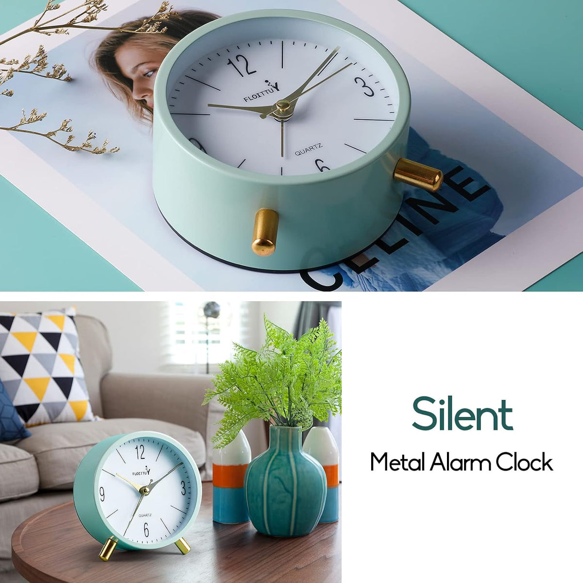 FLOITTUY 4 inches Super Silent Alarm Clock, Cream Green Beep Wake Round Alarm Clock with Night Light,Battery Operated,Easy Set Entry Lux Stylefor Desk, Bedroom and Home Decoration