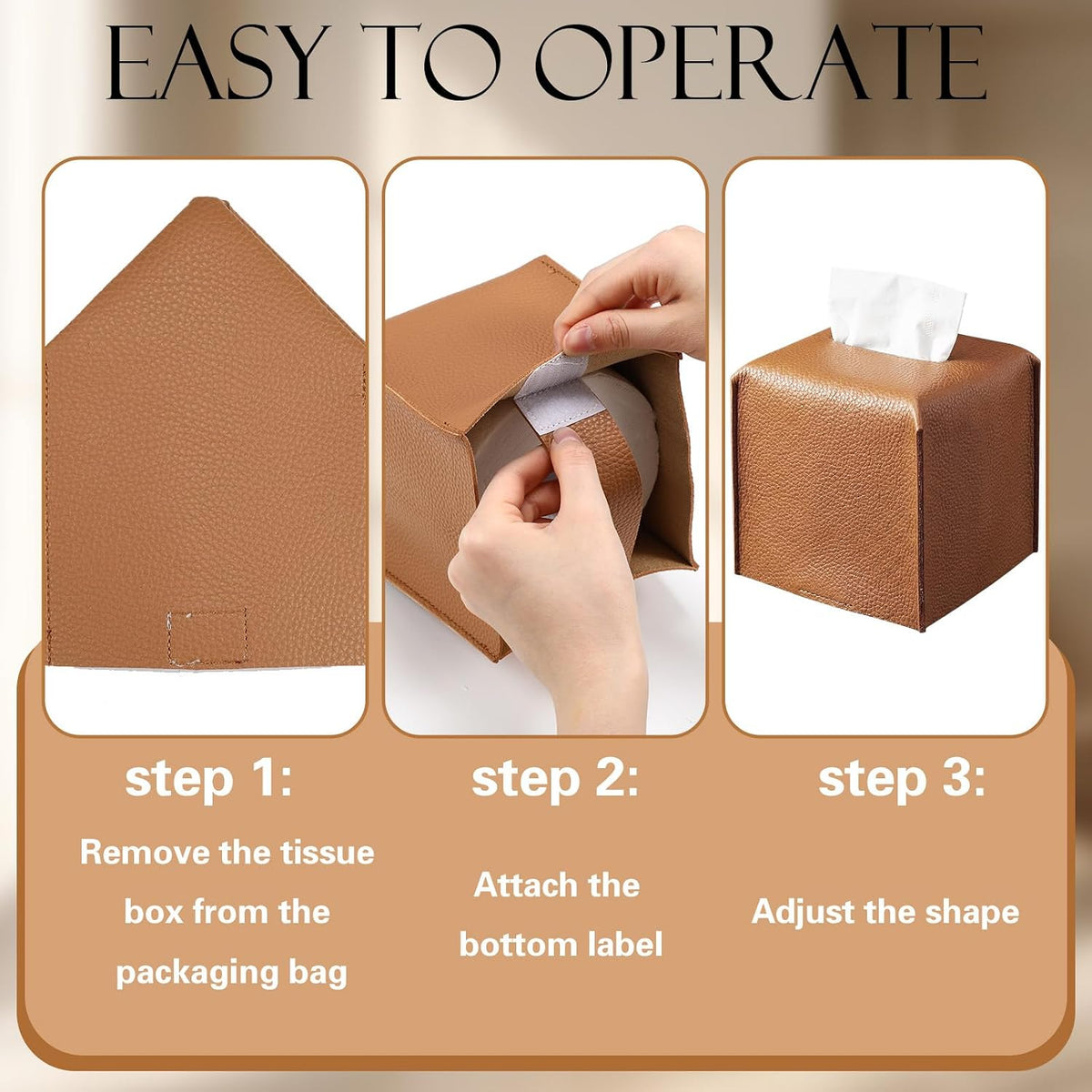 3 Pcs Tissue Box Cover Square PU Leather Tissue Box, Caramel Color