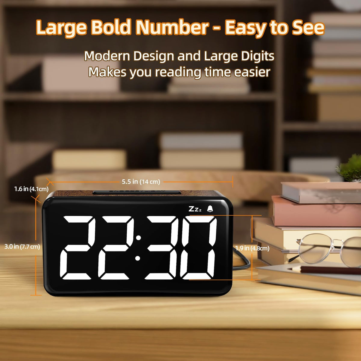 Simple Woodgrain Digital Alarm Clock For Bedrooms - 5.9in Large LED Display