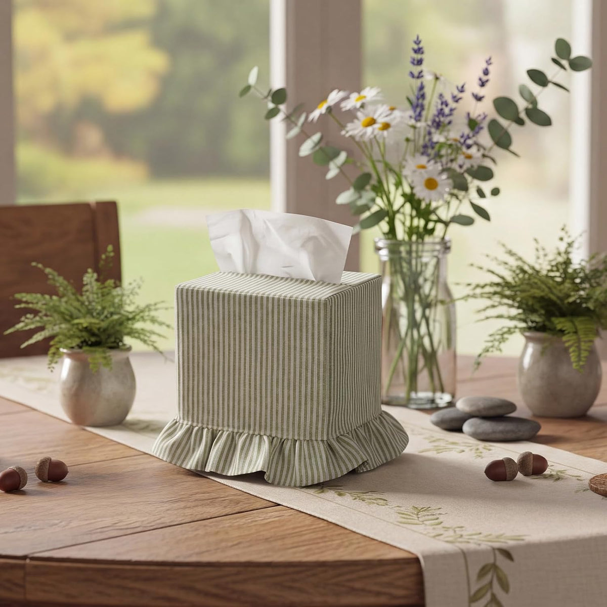 Sawysine Green Striped Fabric Tissue Box Cover, Square Ruffled Farmhouse