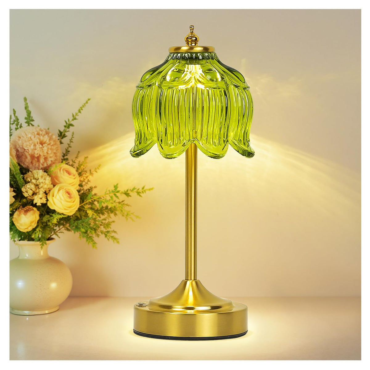 Cordless Table Lamp, Rechargeable Amber Glass Lotus Flower Lamp