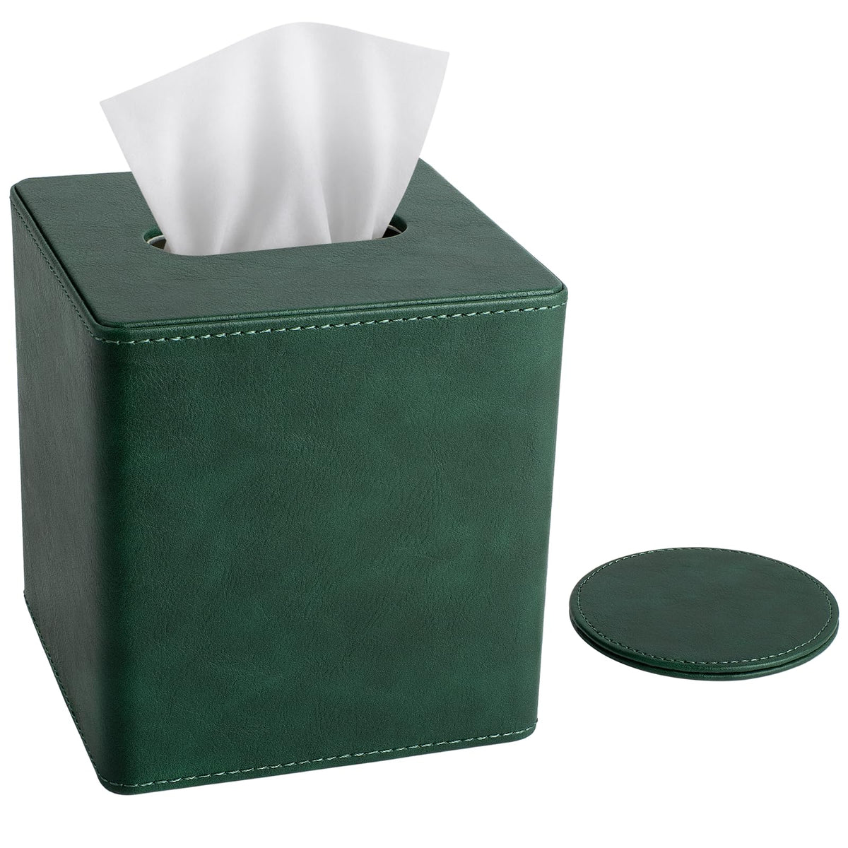 LAMOTI PU Leather Tissue Box Cover Square with Matching 4" Coaster
