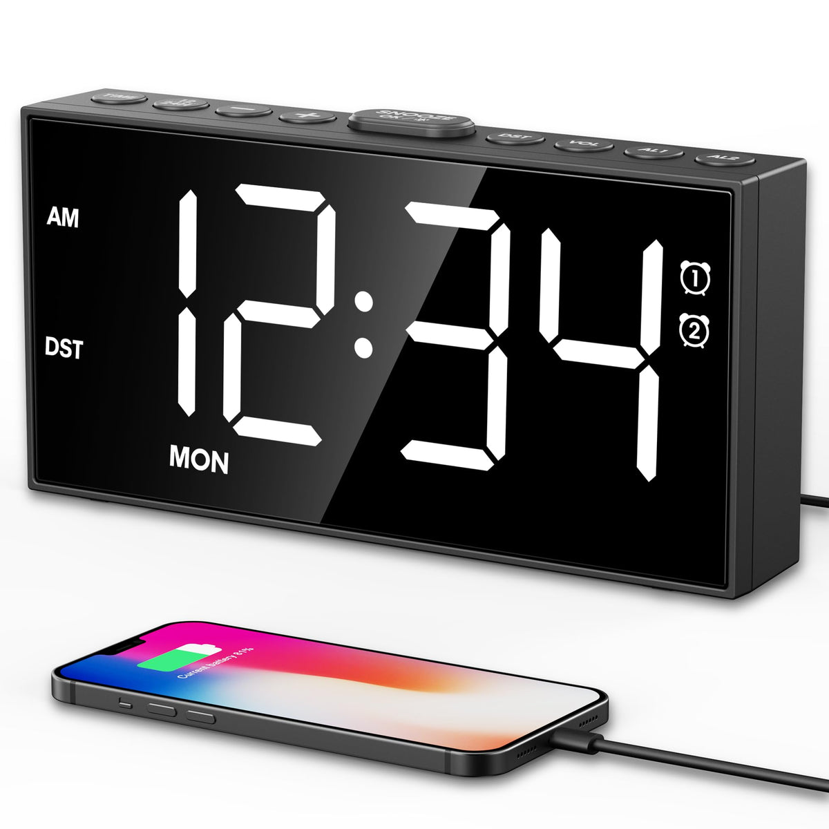 Digital Alarm Clocks for Bedrooms, Dual Alarms, 7.5-Inch Large Display