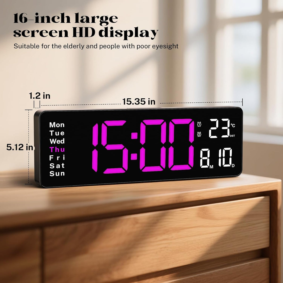 Digital Clock Large Display, 16" Large Digital Wall Clock for Classroom, Led Big Wall Clocks with Remote Control,Date,Week,Alarm,Temp,Night Light for Bedroom,Living Room,Gym,Office