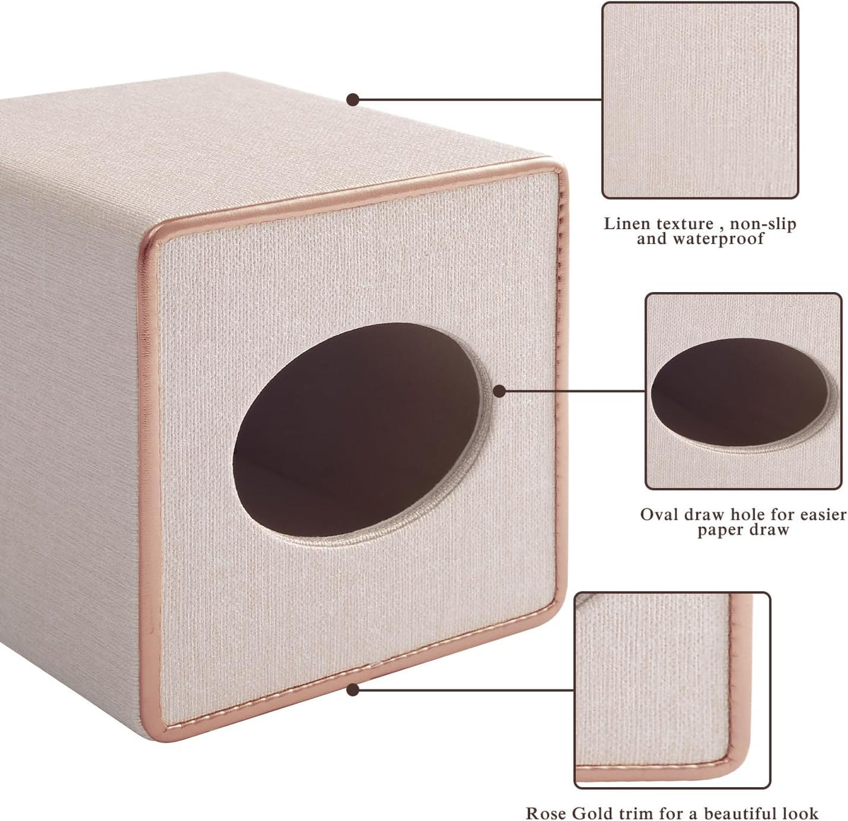 Linen Square Tissue Box Cover,Cube Tissue Box Holder－Excellent Rosegold Leather Decoration,Table Napkin Case Dispenser,Facial Tissues Organizer with Magnetic Bottom for Home Office Car(Beige)