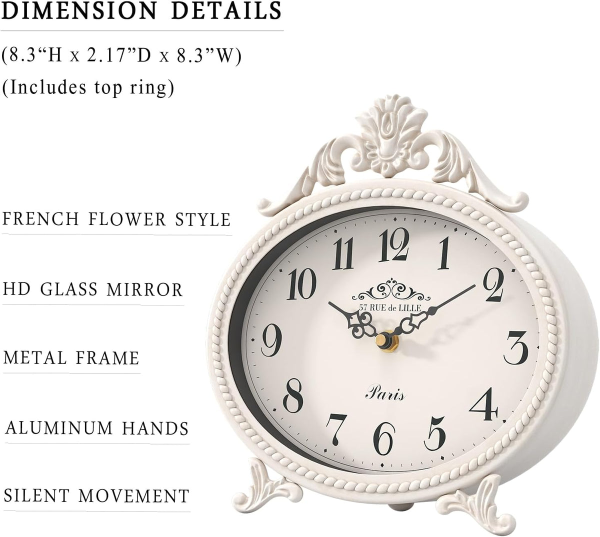 Abdurey Vintage Table Clock,Antique White French Rustic Style Mantel Clock