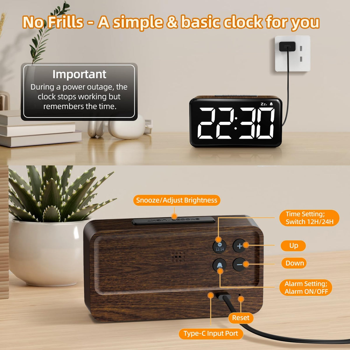 Simple Woodgrain Digital Alarm Clock For Bedrooms - 5.9in Large LED Display