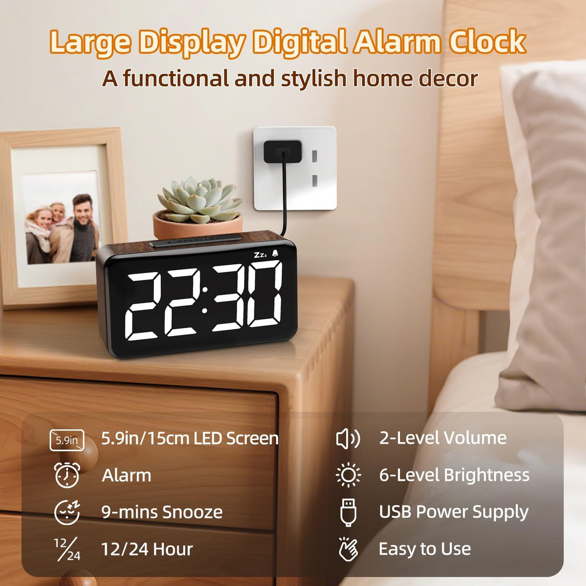 Simple Woodgrain Digital Alarm Clock For Bedrooms - 5.9in Large LED Display