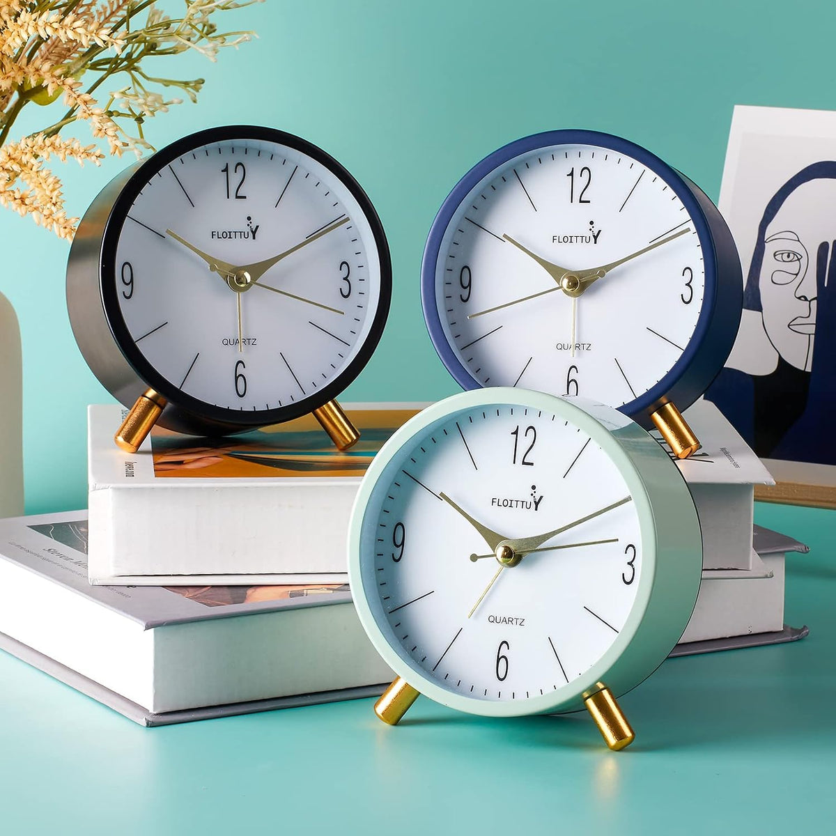 FLOITTUY 4 inches Super Silent Alarm Clock, Cream Green Beep Wake Round Alarm Clock with Night Light,Battery Operated,Easy Set Entry Lux Stylefor Desk, Bedroom and Home Decoration