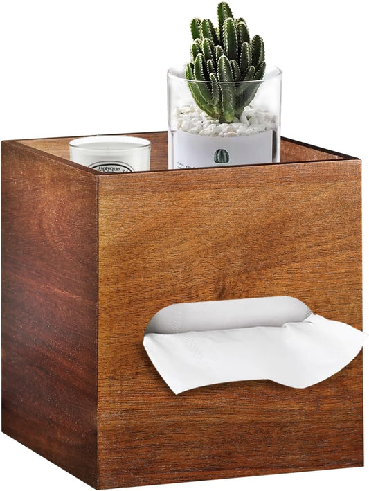Square Tissue Box Cover with Storage Tray, Acacia Wood Tissue Box Holder