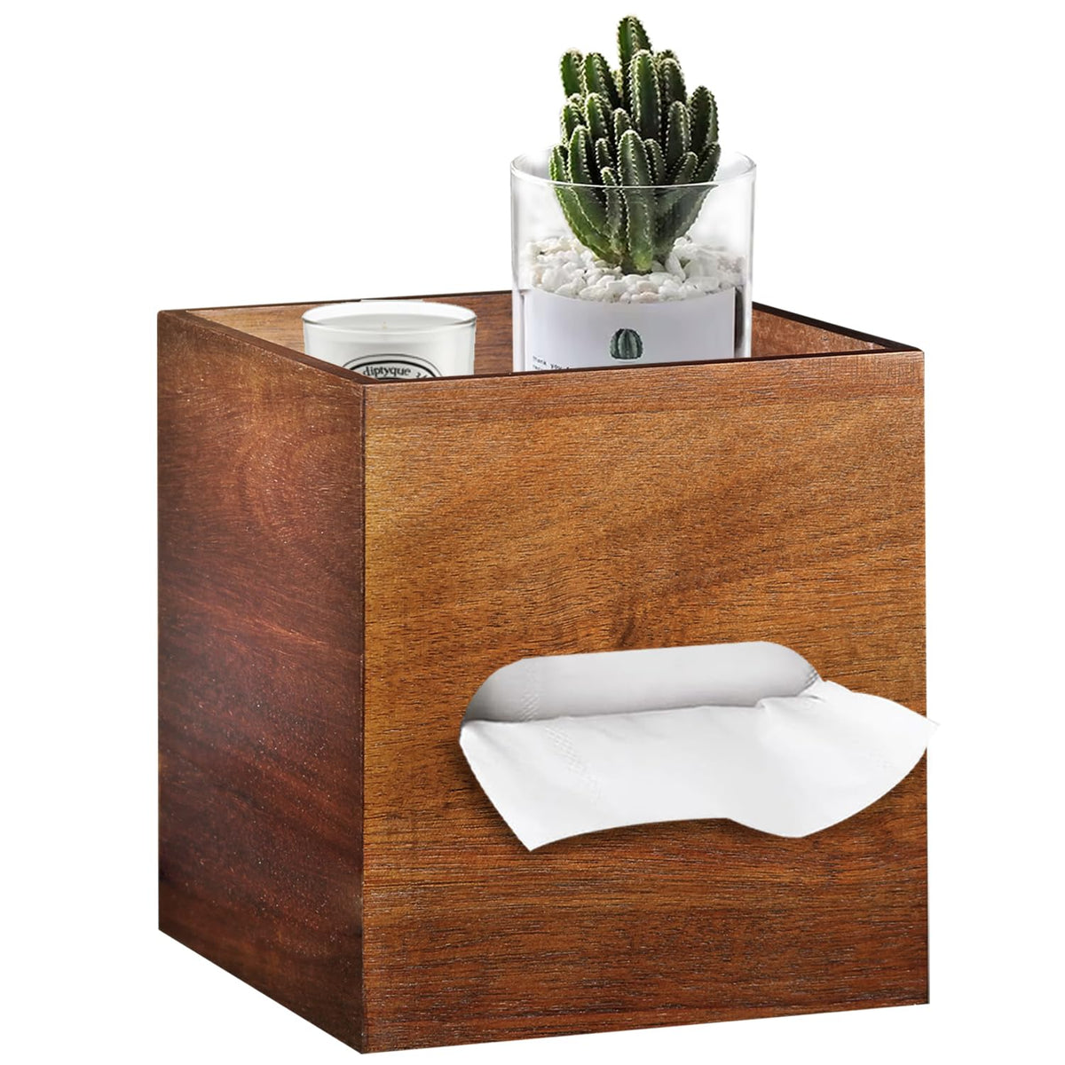 Square Tissue Box Cover with Storage Tray, Acacia Wood Tissue Box Holder