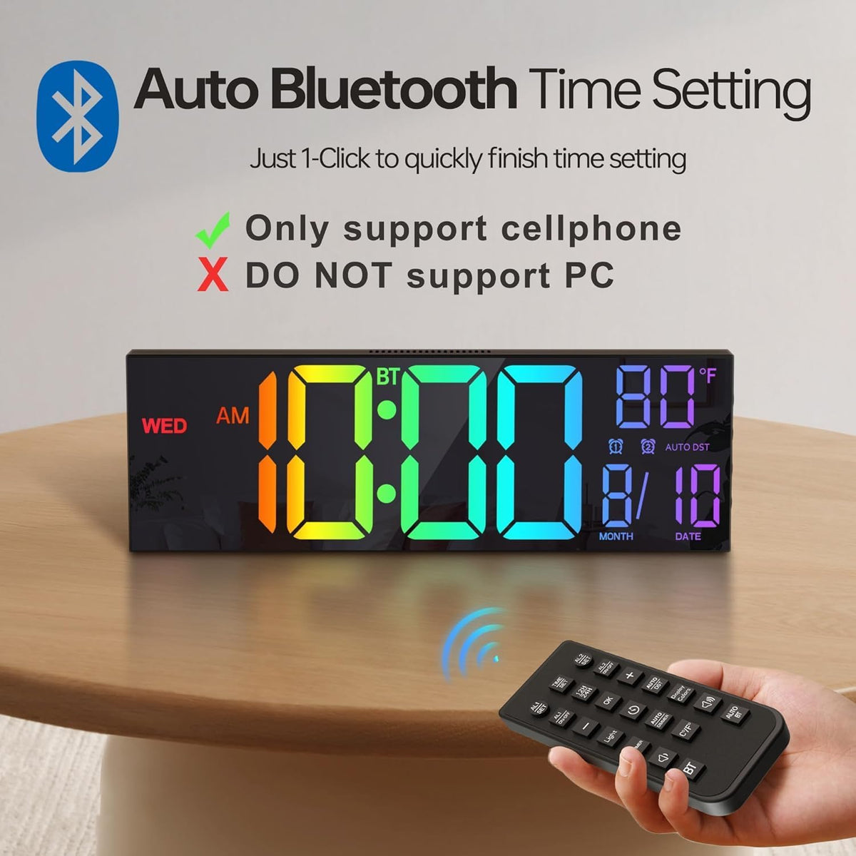 JALL 16.2" Large Digital Wall Clock with Bluetooth Sync for Classroom, RGB Digital Clock Large Display with Auto DST, Wall Clock for Bedroom Gym Office, Led Clock for Seniors (Black)