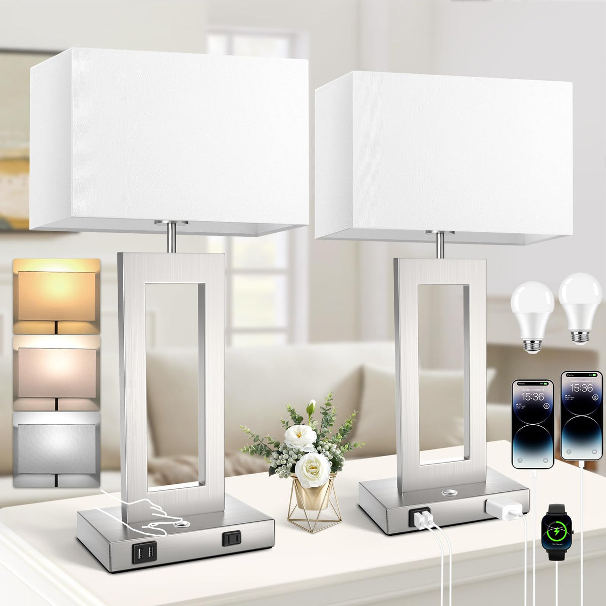 22’’ Touch Control Bedside Nightstand Lamps, Modern Table Lamps Set of 2