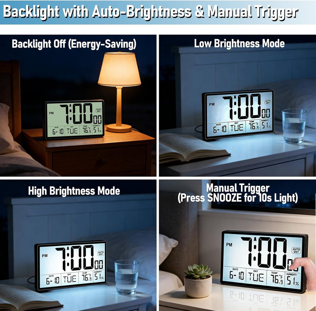 Adjustable Backlight 9'' Narrow Bezel Digital Wall Clock,Wall Mount/Desktop