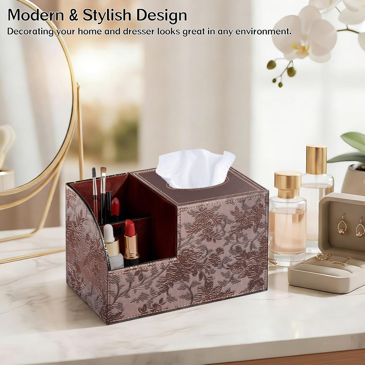 Square Tissue Box Cover with Storage, PU Leather Facial Cube Tissue Holder