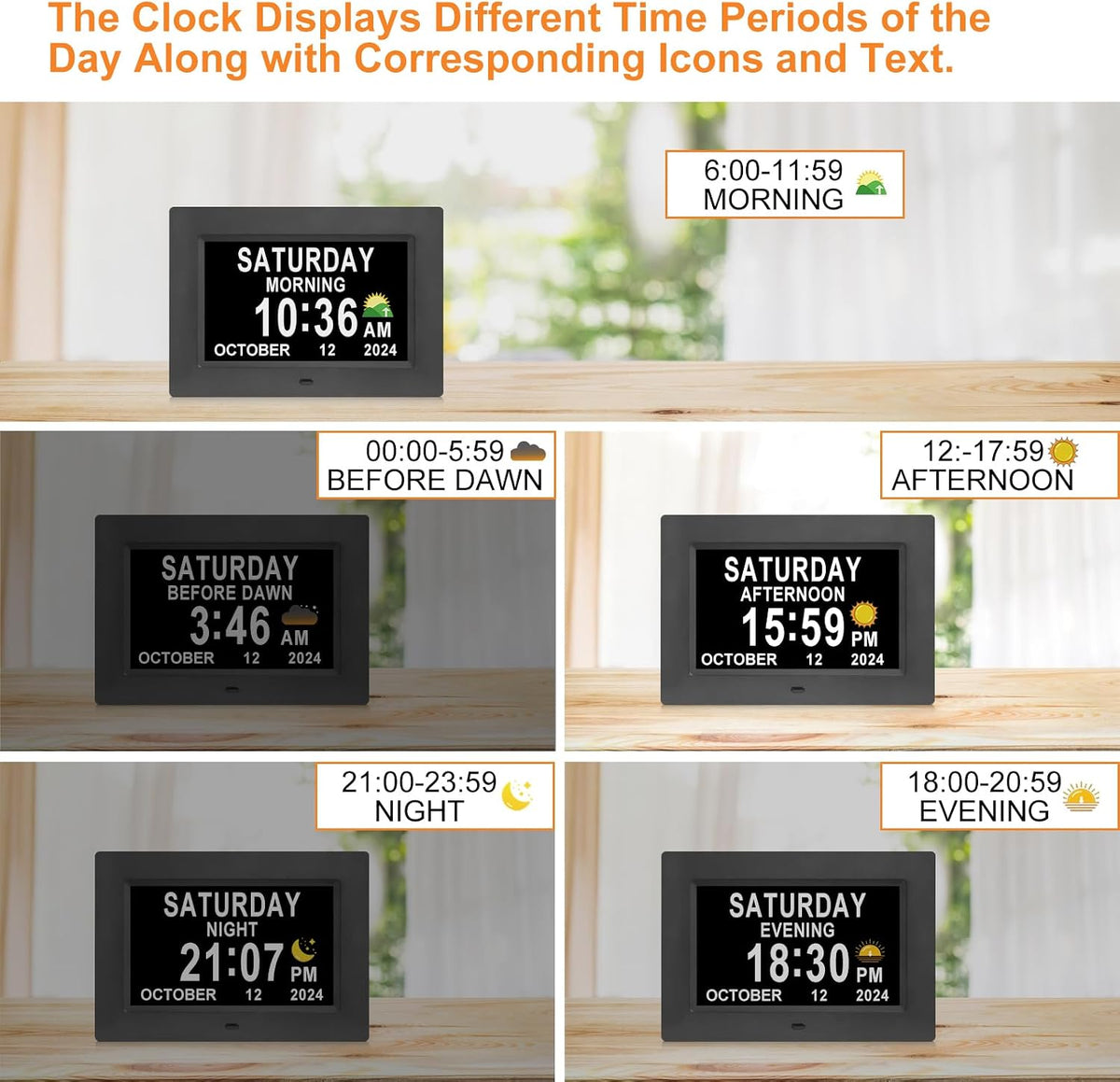 SSINI Digital Calendar Dementia Alarm Clock with Day and Date for Elderly - 15 Alarms 5 Colors Display Large Display Alzheimers Clock Large Digital Clock for Seniors (7in Black)