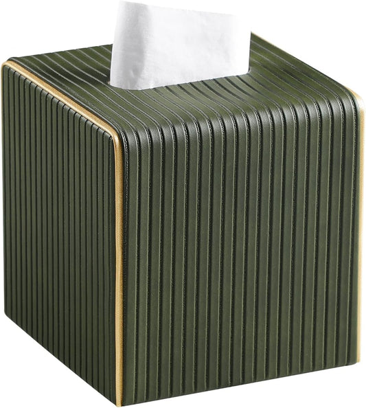 PU Leather Tissue Box Cover, Square Tissue Holder (Olive Green)