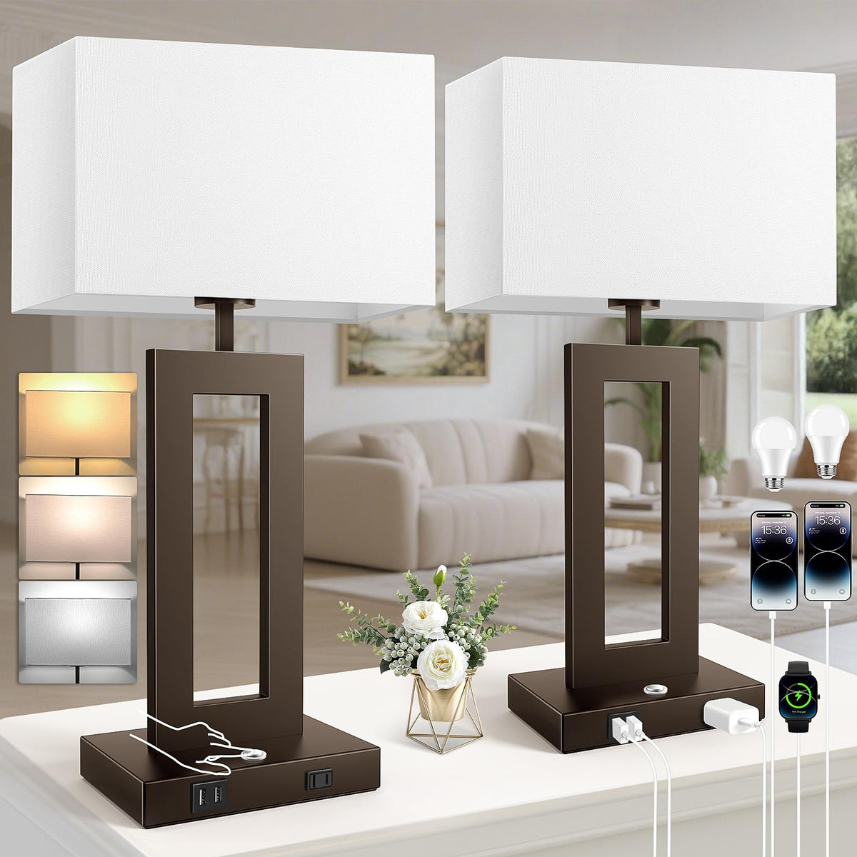 22’’ Touch Control Bedside Nightstand Lamps, Modern Table Lamps Set of 2