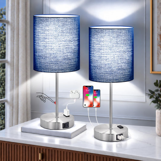 Set of 2 Touch Control Table Lamps with 2 USB & AC Outlet, 3-Way Dimmable Bedside Nightstand Lamps for Bedroom Living Room Nursery, 800 Lumens 5000K Daylight Bulbs Included