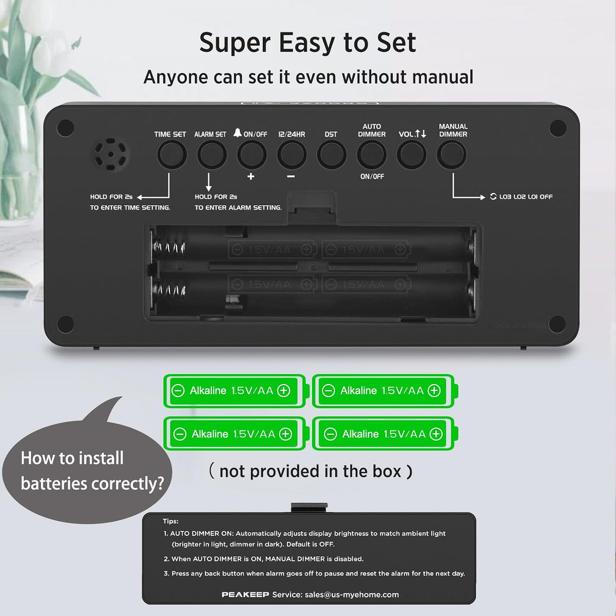 Peakeep Battery Operated Digital Alarm Clock for Bedrooms Big Numbers