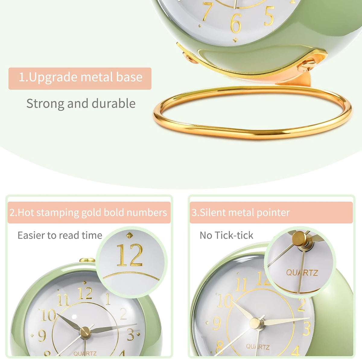 Tetino Analog Alarm Clocks,Retro Backlight Cute Simple Design Small Desk Clock with Night Light,Silent Non-Ticking,Battery Powered,for Decor,Bedrooms,Travel,Kitchen,Bedside Desktop.(White)