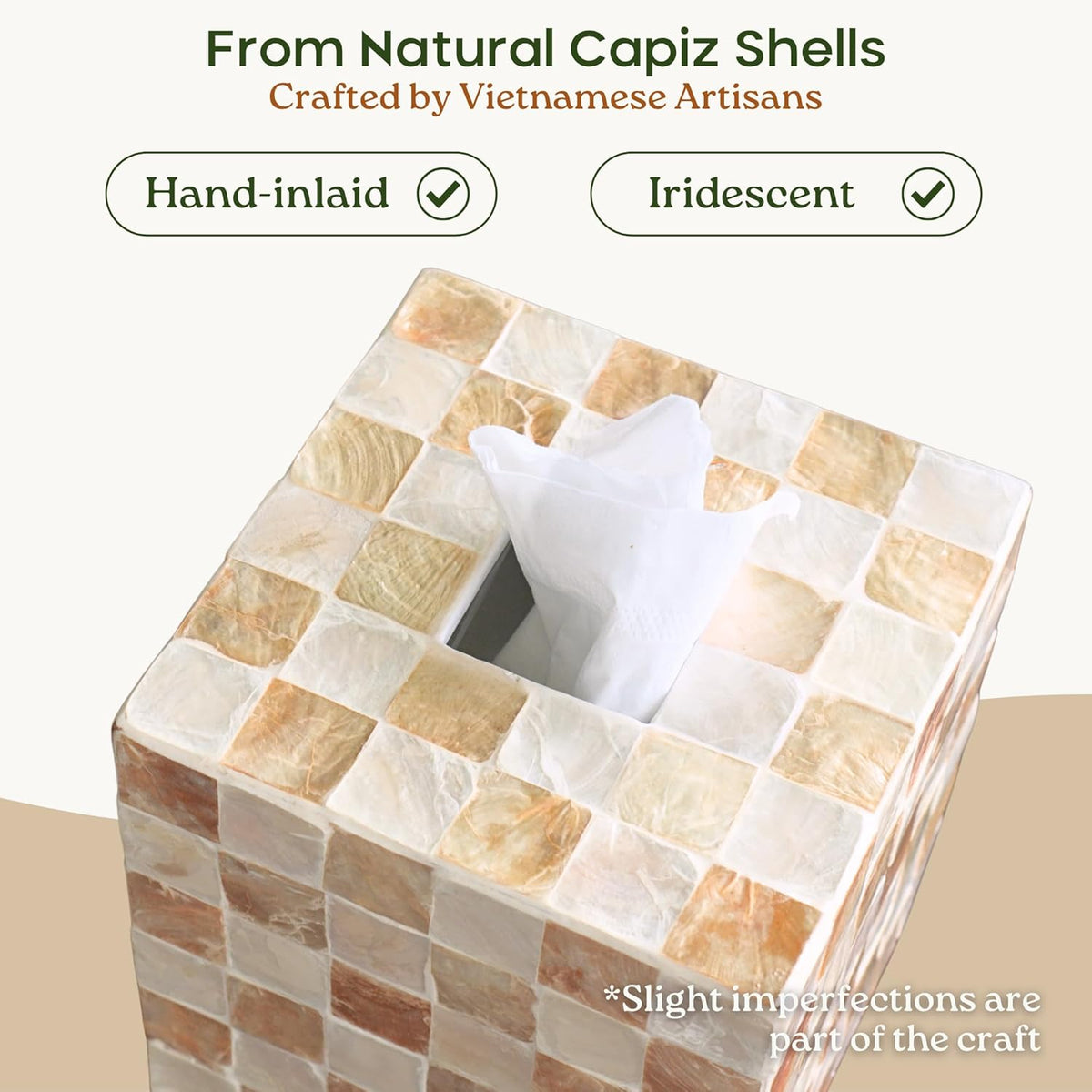 CHI AN HOME 5.5" Tissue Box Cover Square, Capiz Shell Tissue Holder, Ivory