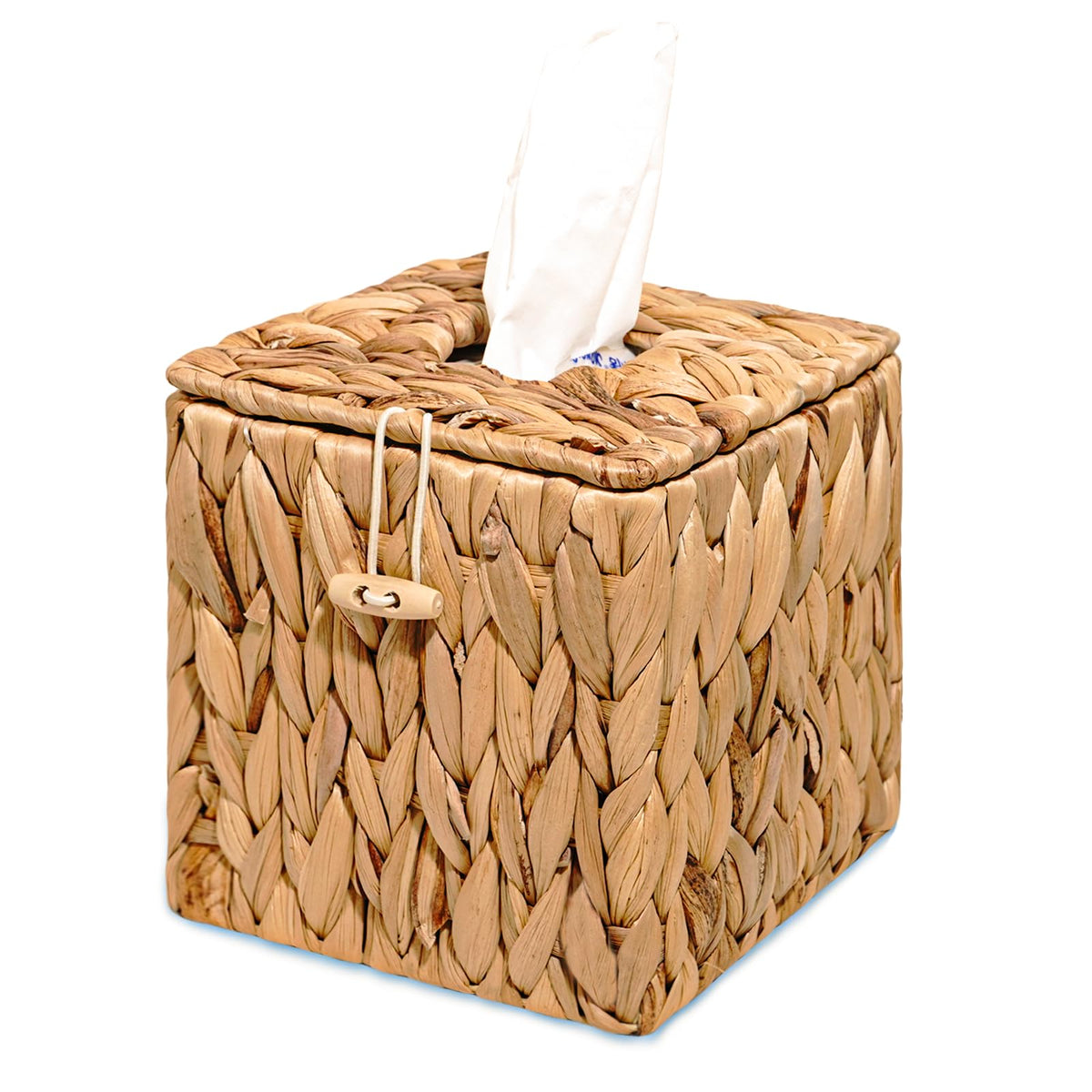PINXIURY Water Hyacinth Handwoven Tissue Box Cover, Natural Handmade Wicker Napkin Box Holder, Handcrafted Square Facial Tissue, Rustic Decorative on Table and Bathroom, Office, Boho Decorative