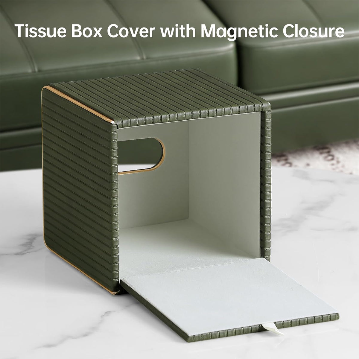 PU Leather Tissue Box Cover, Square Tissue Holder (Olive Green)