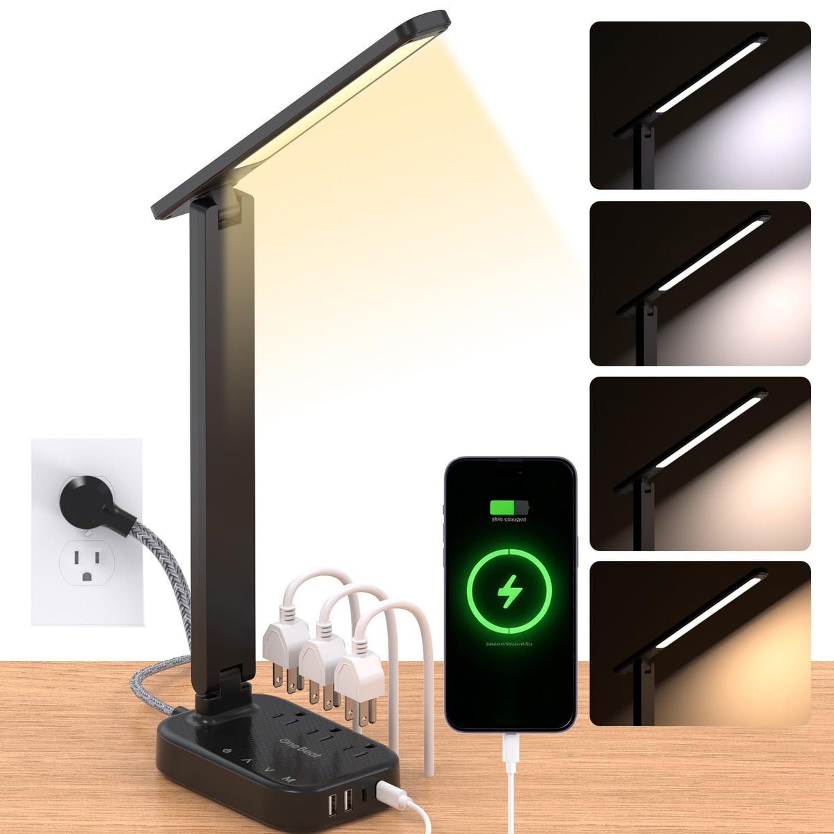 One Beat Small LED Desk Lamp Power Strip 5ft Extension Cord with 3 Outlets 4 USB Ports(2 USB C), 4 Modes, 5 Level Touch Lamp Study Reading Light, Home Office Bedroom College Dorm Room Essentials,White