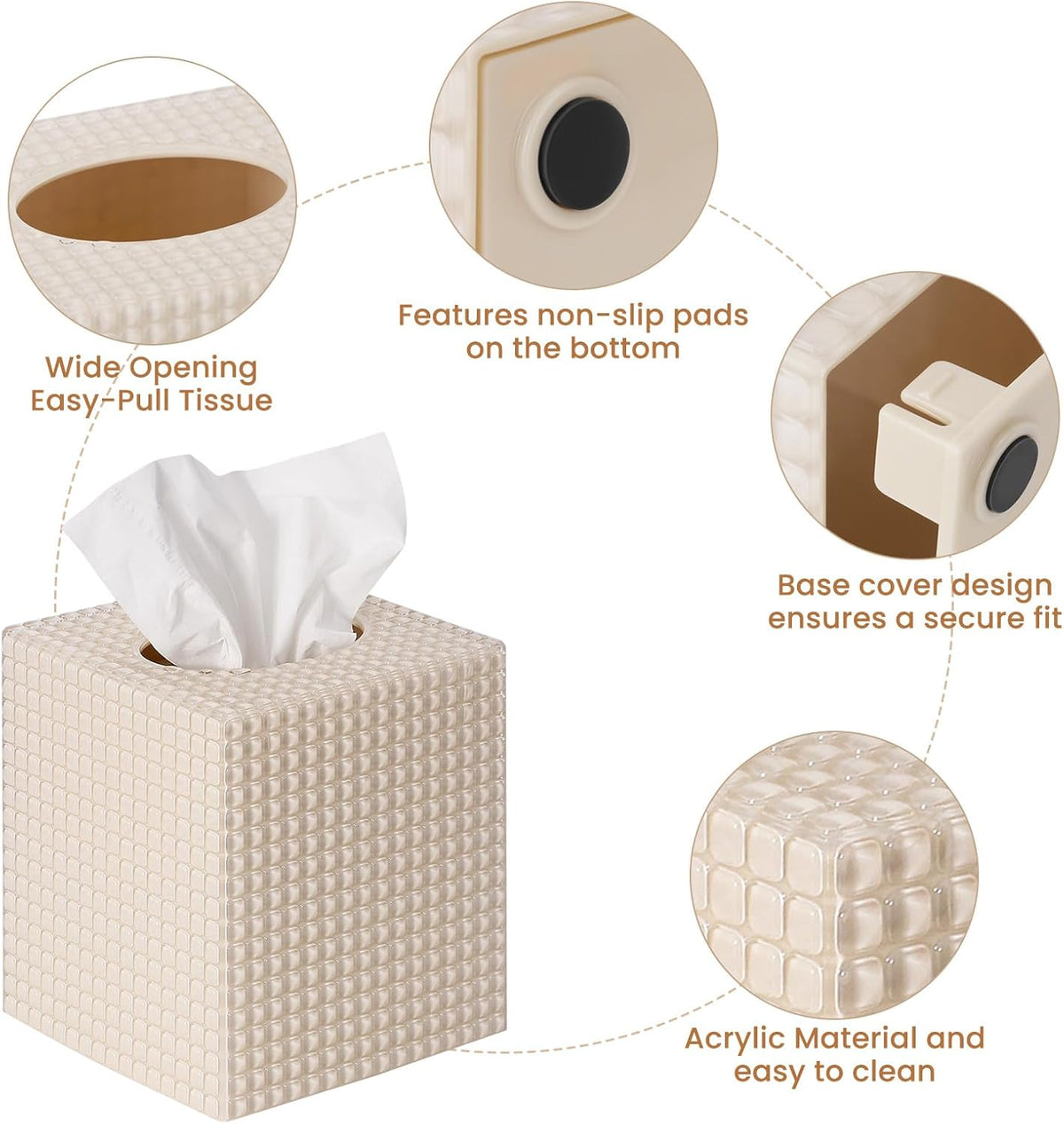 Tissue Box Cover, Square Acrylic Tissue Holder for Bathroom Vanity, Beige