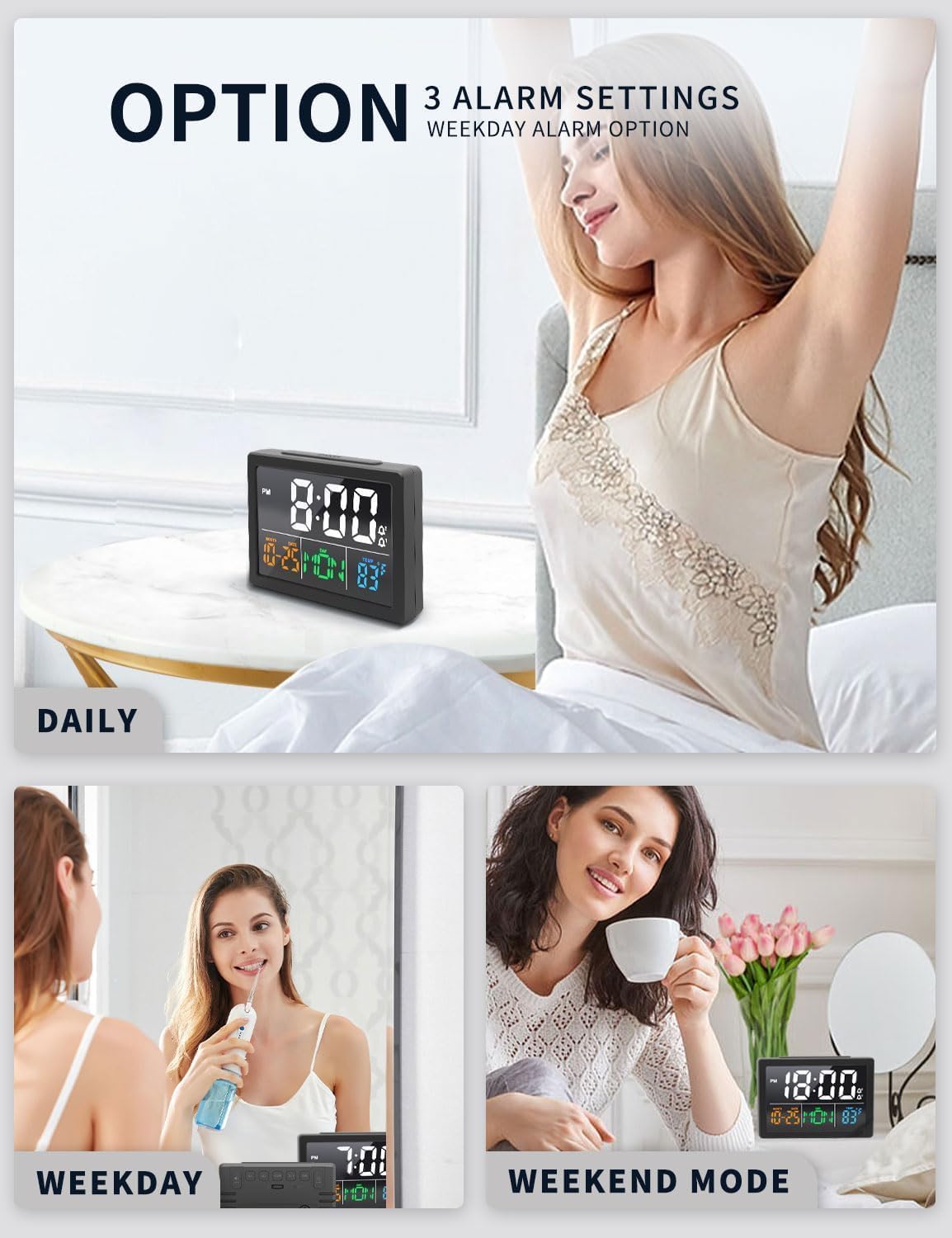 JALL Digital Clock with Date Day for Seniors, Electric Alarm Clocks for Bedrooms with Temperature, 2 Alarms, Dimmer, Dual USB Charger, Battery Backup, Volume Control, Snooze, Bedside Desk Clock, Black