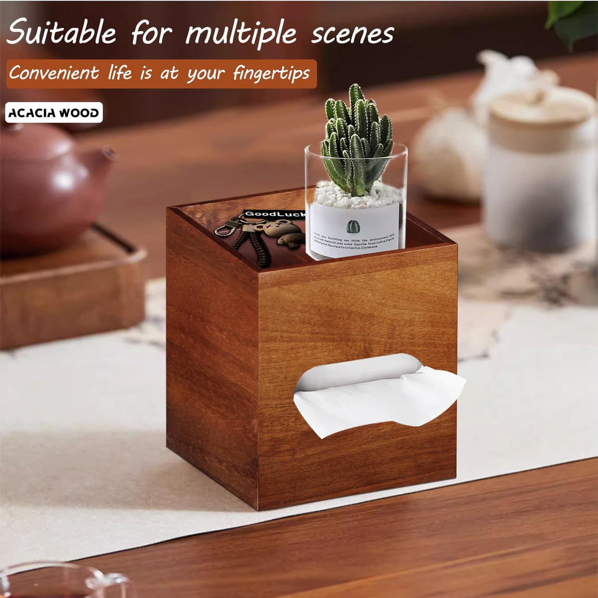 Square Tissue Box Cover with Storage Tray, Acacia Wood Tissue Box Holder