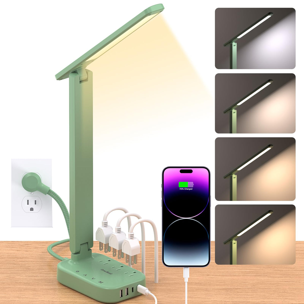 One Beat Small LED Desk Lamp Power Strip 5ft Extension Cord with 3 Outlets 4 USB Ports(2 USB C), 4 Modes, 5 Level Touch Lamp Study Reading Light, Home Office Bedroom College Dorm Room Essentials,White