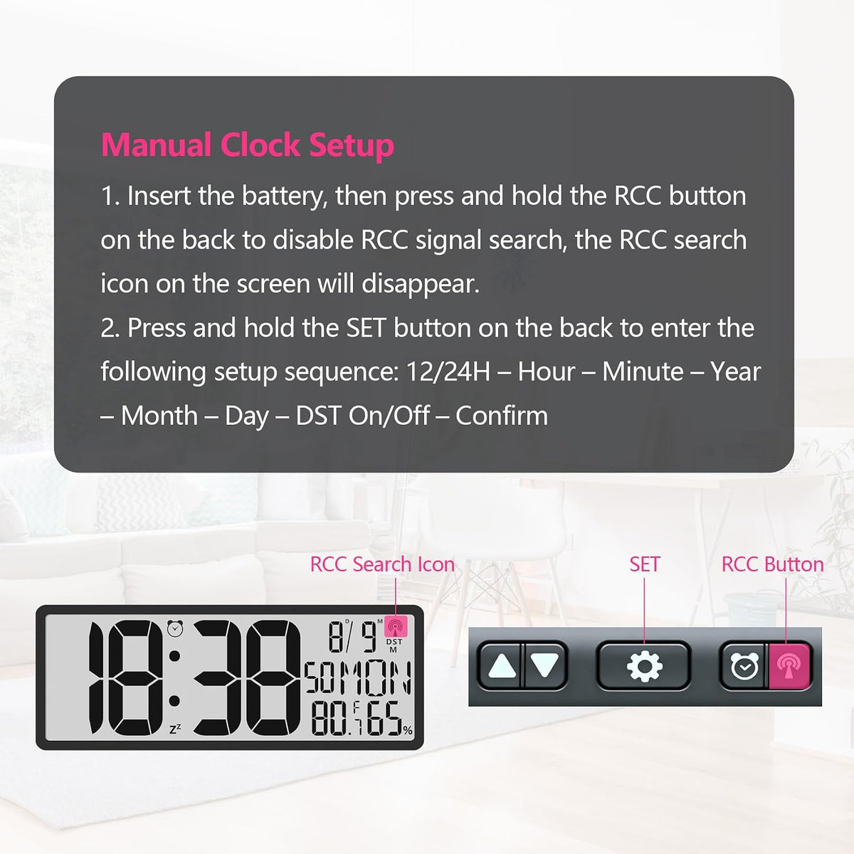 Digital LCD Atomic Desktop Clock, 7.8" Screen with Time, Date, Temperature, Humidity, Alarm, Snooze, DST, Time Zone for Home, Office (No Backlight)
