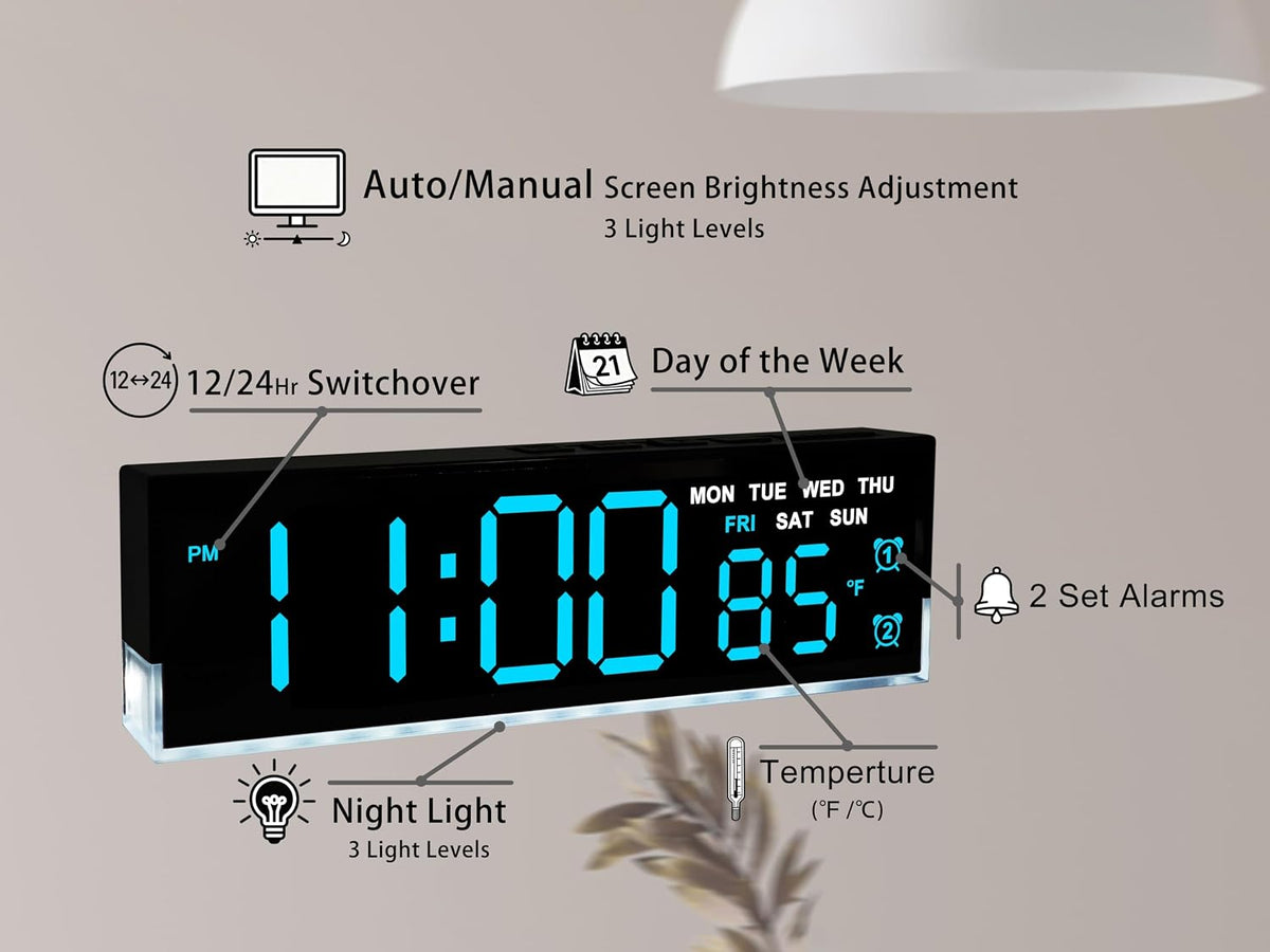 7 Inch LED Digital Alarm Clock with Dual Alarms&Soft Bottom Light,Blue