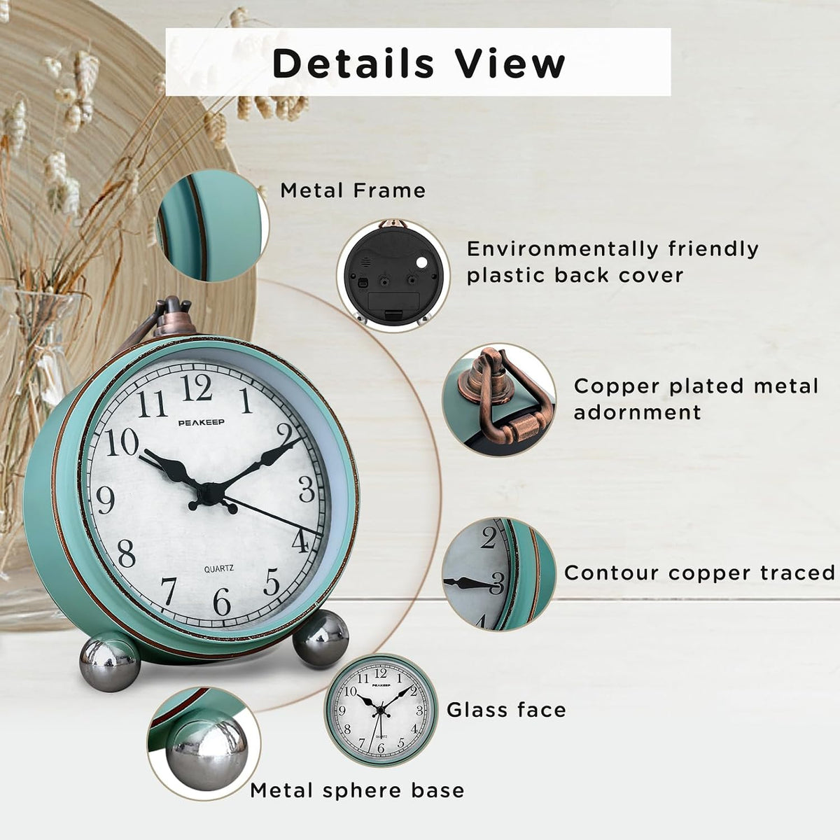 Peakeep 4" Small Battery Operated Analog Alarm Clock, Antique Retro Style