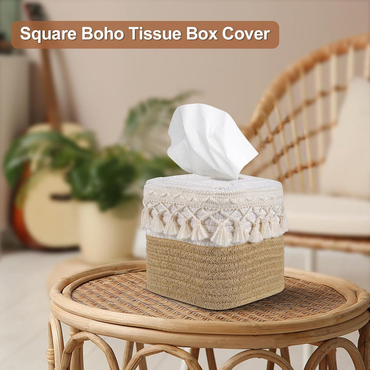Boho Tissue Box Cover: Natural Handwoven Square Cover for Bathroom