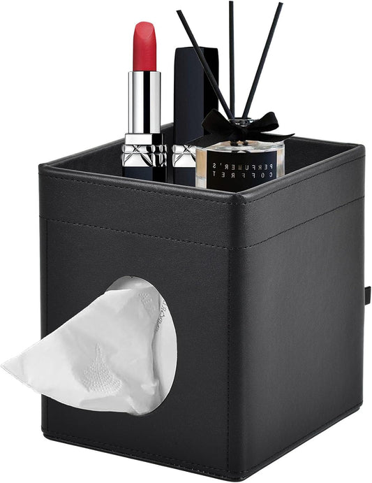 Tissue Box Cover Square Tissue Box Holder PU Leather Facial Tissues Organizer with Storage Tray for Bathroom Vanity Bedroom Office Car, Stylish Napkin Caddy Decorative Organizer (Black)
