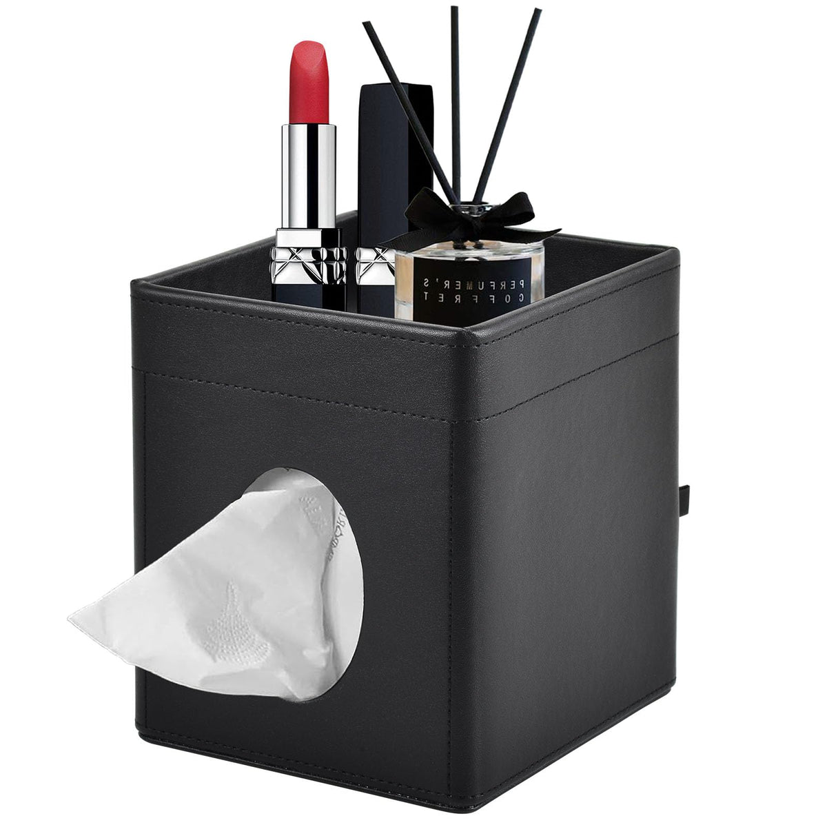 Tissue Box Cover Square Tissue Box Holder PU Leather Facial Tissues Organizer with Storage Tray for Bathroom Vanity Bedroom Office Car, Stylish Napkin Caddy Decorative Organizer (Black)