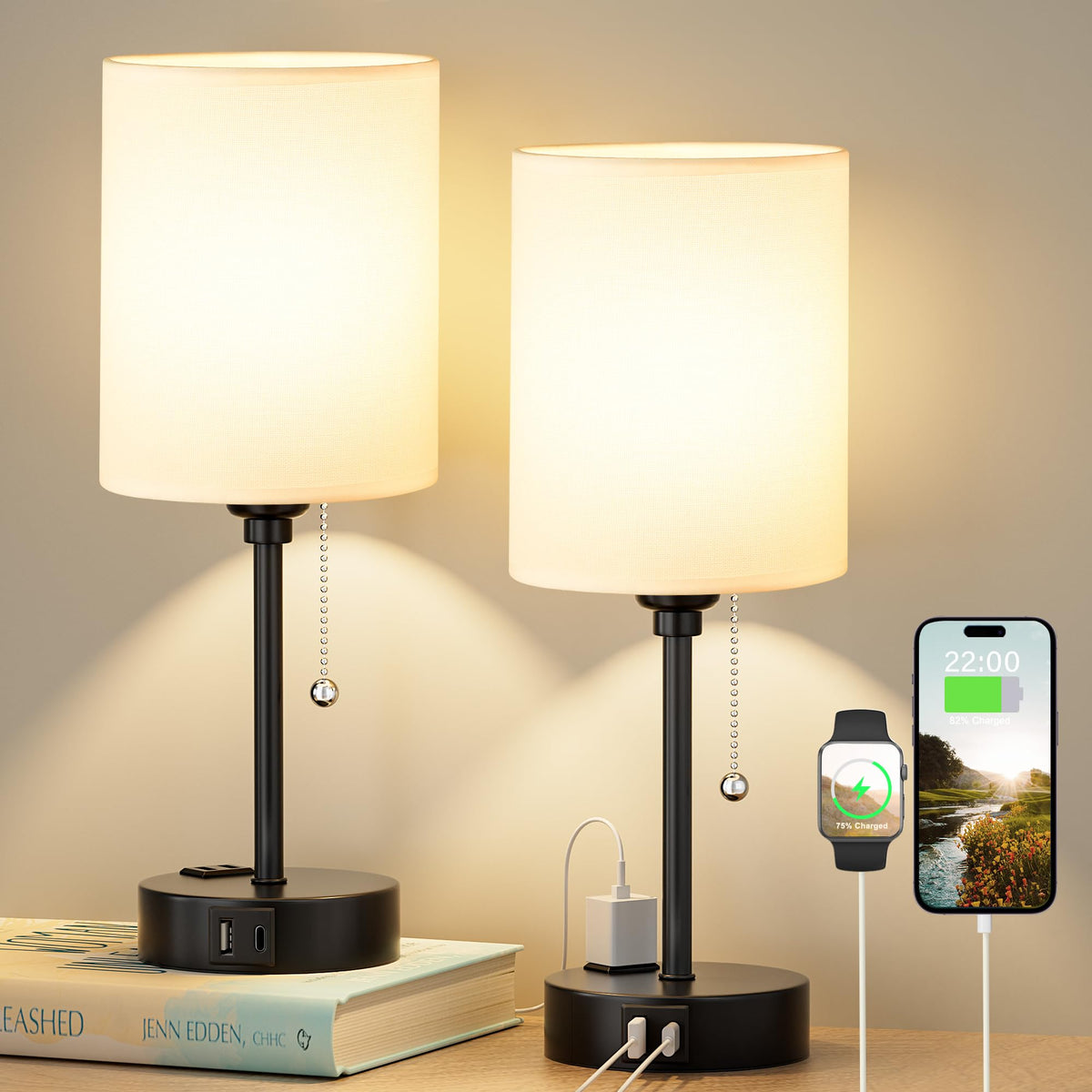 Dicoool Bedside Table Lamp for Bedroom - Small Desk Lamp with USB Ports
