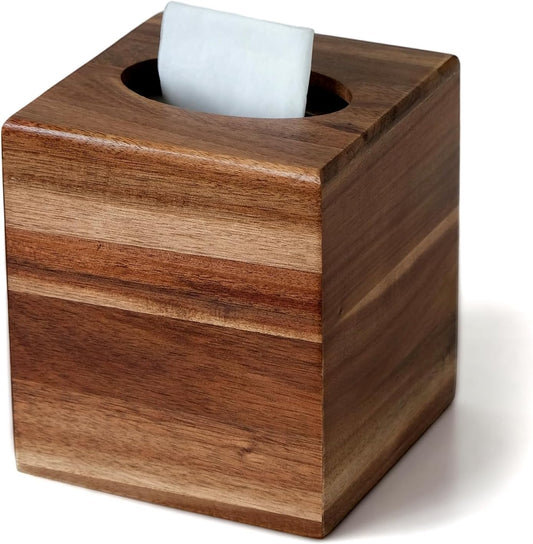 Acacia Wood Tissue Box Cover, Square Wooden Tissue Box Holder for Bathroom