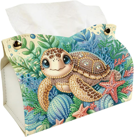 DIY Diamond Art Tissue Box Holder Kit, PU Leather Diamond Painting Folded Facial Tissue Holder, Crystal Art Storage Box Organizer for Home Office Desktop Decor (Sea Turtle)
