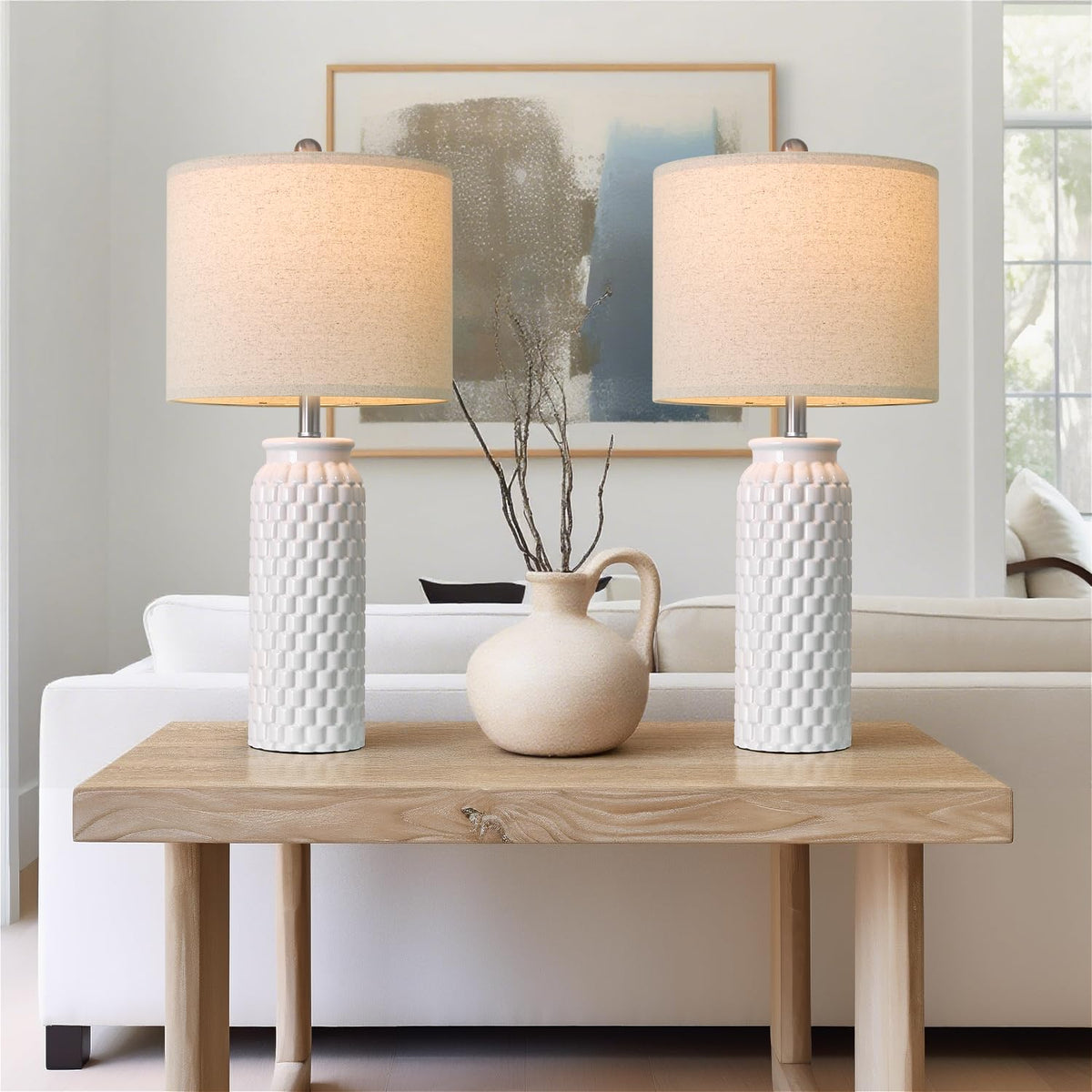 USumkky 20.5" White Modern Ceramic Bedside Lamps Set of 2, Small Table Lamp for Bedroom Decor Farmhouse Nightstand Lamp for Living Room Office