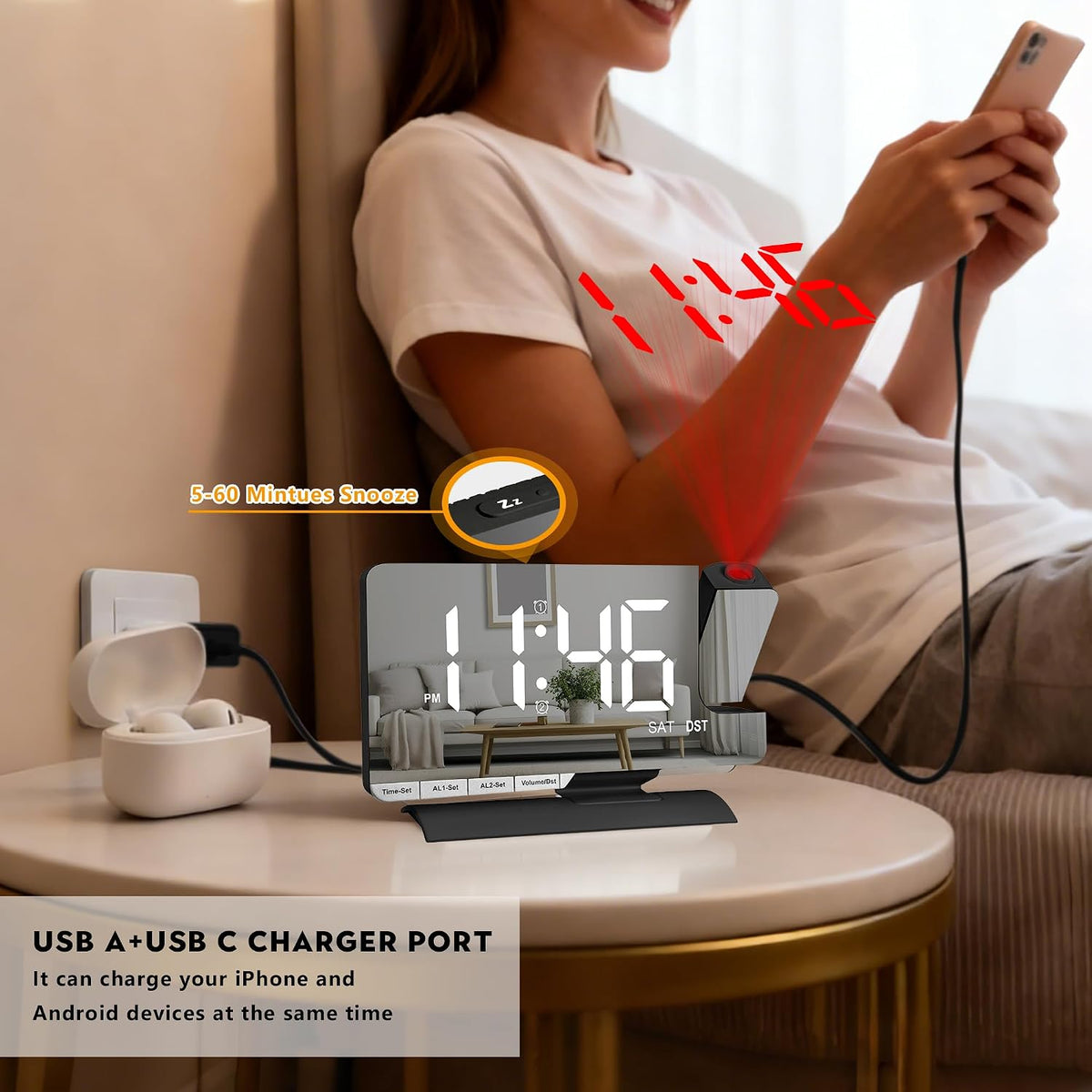 Amgico Projection Alarm Clock,Digital Clock with Projection,7.3" Mirror Clock with 180°Rotating Projector,Dual Alarm with 3 Mode,Bright Adjust,DST,Snooze,Charging Port,5 Levels Volume for Desk Teens