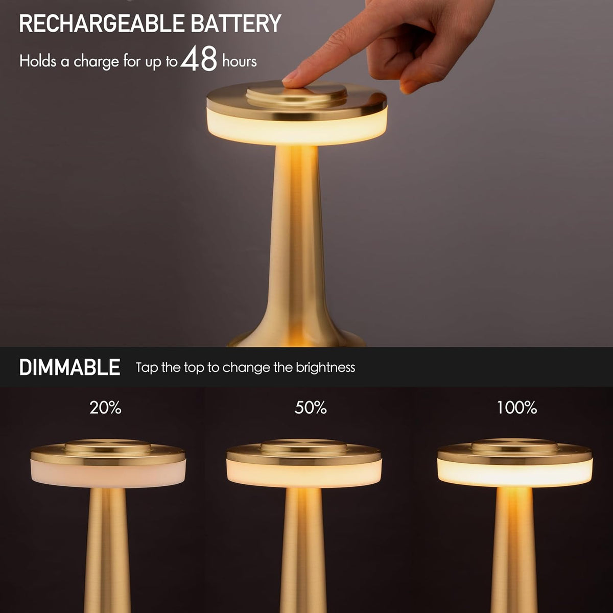 O'Bright Dome Cordless Rechargeable LED Mushroom Table Lamp, Gold