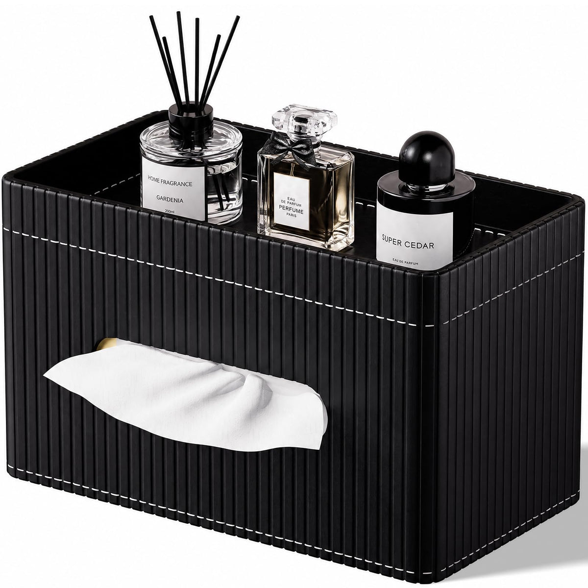 KINGFOM Ribbed PU Leather Tissue Box Cover with Storage Tray, Rectangular Facial Tissue Holder for Bathroom Vanity, Nightstand & Office Desk, Modern Decorative Tissue Dispenser (Warm Beige)