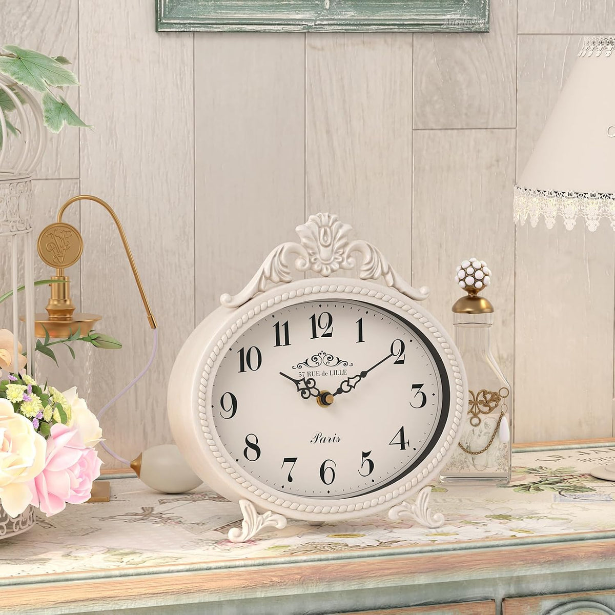 Abdurey Vintage Table Clock,Antique White French Rustic Style Mantel Clock