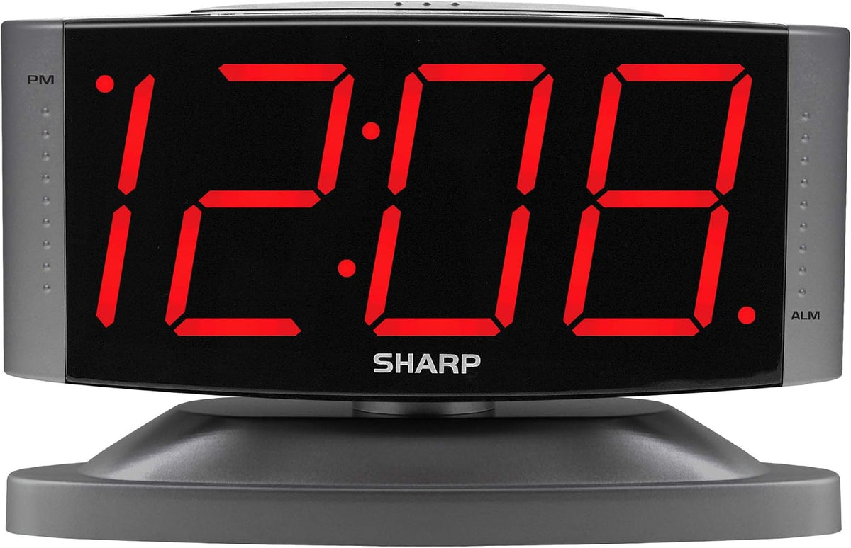 Sharp Outlet-Powered Alarm Clock with Swivel Base, Red LED, Gunmetal Grey